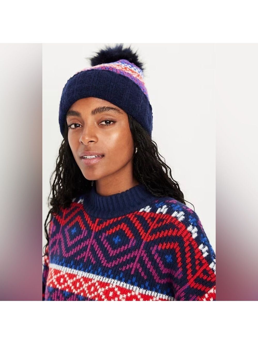 Old Navy Women’s Fair Isle Nordic Chunky Sweater Beanie Winter Hat NWT Pom Pom